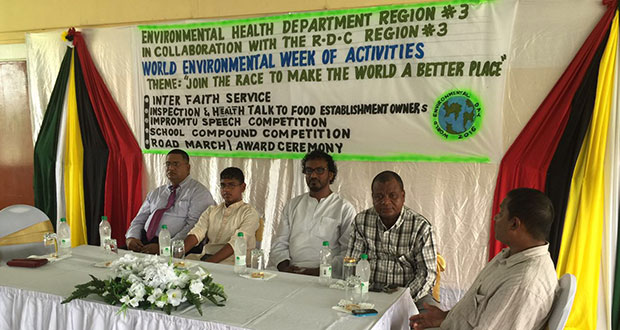 From right:  Regional Health Officer Deoramdeen Persaud; Representative of  the Ministry of Public Health, Steve Chichester; Imam Halim Khan; and representatives from the Hindu and Christian faiths at the region’s launch of World Environment Day activities