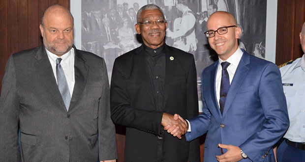 United States Ambassador to Guyana, Mr. Perry Holloway, President David Granger and Mr. Juan Gonzalez, Deputy Assistant Secretary, Bureau of Western Hemisphere Affairs, US Department of State