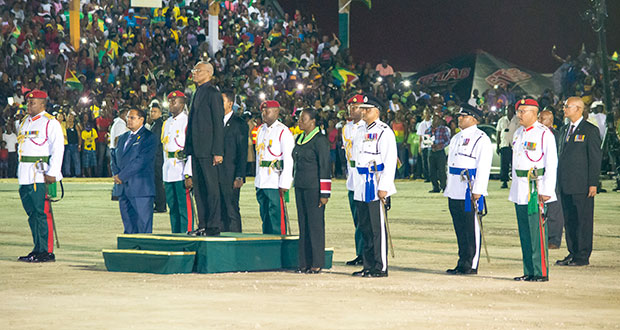 President David Granger takes the Presidential salute at the Golden Jubilee ceremony on Wednesday evening (Samuel Maughn photo)