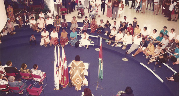 Then member of the Guyana Women Artists’ Association (GWAA) Professor Doris Rogers addressed the audience at the 1994 opening of their exhibition at the Scarborough Civic Center in Canada. GWAA remains one of the few surviving artist-led initiatives in Guyana that is still actively hosting events each year since its establishment in 1987