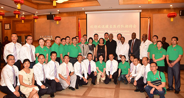 The 11th and 12th Chinese Medical Brigades pose with President David Granger, First Lady Sandra Granger, Prime Minister Moses Nagamootoo, Minister of State Joseph Harmon, Minister of Finance Winston Jordan, China’s Ambassador to Guyana Zhang Limin and his wife Liu Yue.