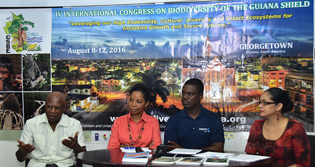 Members of the Guyana Society for Biodiversity and Ecosystems (from left) are Dr. Patrick Williams, Chairman of GSBE; Vanessa Benn, Vice-Chairperson; Curtis Bernard, committee member and Dr. Raquel Thomas-Caesar, committee member.  (Adrian Narine photo)