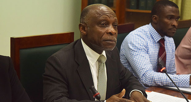 Foreign Minister Carl Greenidge at yesterday’s committee meeting at the Public Buildings, Georgetown