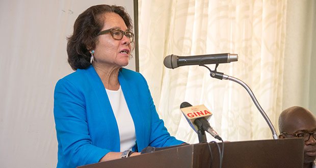 First Lady Sandra Granger speaking at the trafficking-in-persons workshop on Tuesday (Photo by Samuel Maughn)