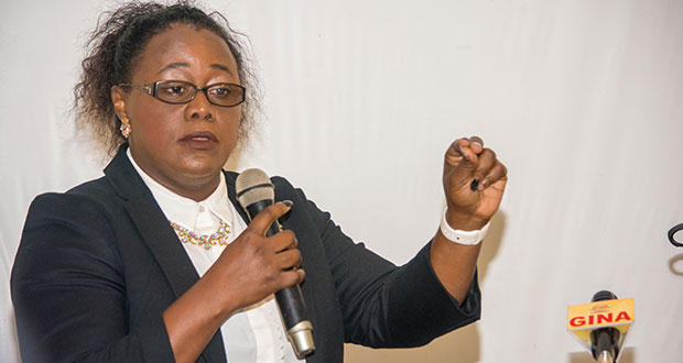 Minister Simona Broomes addresses the gathering at the TIP training workshop (Photo by Samuel Maughn)
