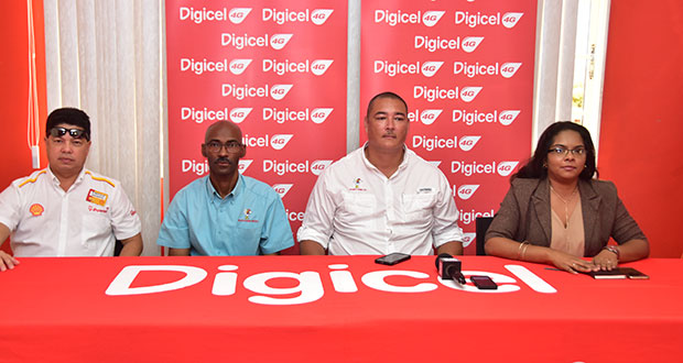 From left, Digicel Communications Manager Vidya Bijlall-Sanichara, GSA president David Fernandes and GSA executive Garfield Wiltshire and Robin Lowe. (Adrian Narine photo)