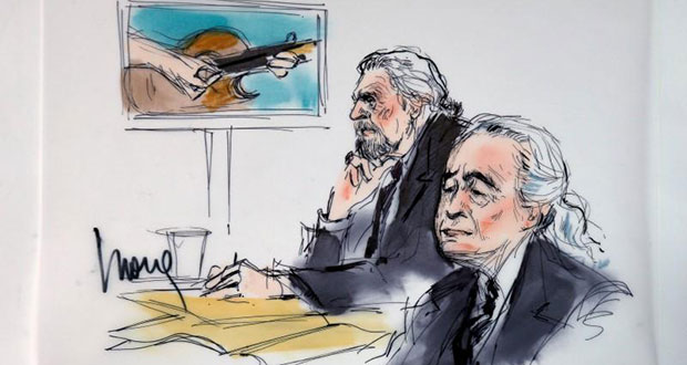 Led Zeppelin singer Robert Plant (L) and guitarist Jimmy Page are shown sitting in federal court for a hearing in a lawsuit involving their rock classic song "Stairway to Heaven" in this courtroom sketch in Los Angeles, California June 14, 2016. (REUTERS/Mona Edwards)
