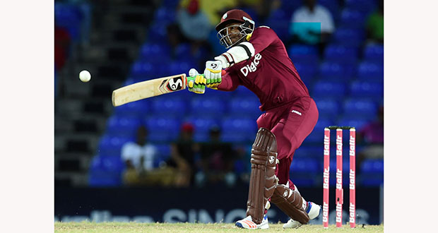 Marlon Samuels thumped three successive sixes off leg-spinner Adam Zampa in the 41th over before he was run out off the next ball for 92 off 87 balls