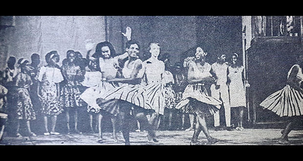 Guyana Legend :
“Allyou come leh we dance” was the theme for the grand finale of the May 31, 1966 Theatre Guild Production “Guyana Legend” which was one of the highlights of the Independence celebrations. The picture shows the dance troupe in their final number which was choreographed by Beryl McBurnie. The Guyana Legend featured the Woodside Folk Singers, the Pelicans steel band and Bishop’s High School junior choir. Included in the cast were Pauline Thomas, Marguerite Lynch, Robert Narain and Dennis Lileyman. Guyana Legend was scripted and produced by Ricardo Smith with music by Hugh Sam and Val Rodway