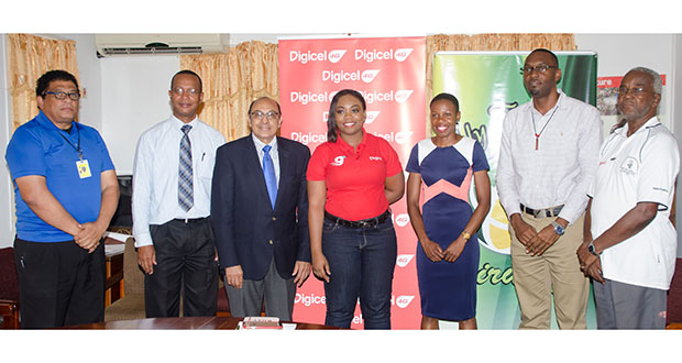 Meet Director Aliann Pompey (third from right), flanked by (from left), Fly Jamaica representative; GOA president, K. A. Juman-Yassin; a Digicel representative; Director of Sport Christopher Jones; and Technical Director of the AP Invitational, Cluade Blackmore (Photo by Delano Williams)
