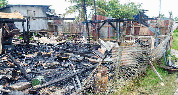 The remains of the De Willem Village, area ‘G’ Squatting Area, West Coast Demerara home, where Satesh Jagmohan lost his life