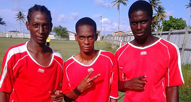 Pouderoyen FC goalscorers Dwayne St Kitts, Morgan Denny and Jermaine McDonald