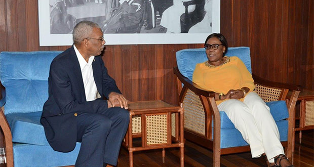 President David Granger makes a point to Ms. Esther Griffith during their meeting yesterday. Ms. Griffith, who will depart Guyana today, will now serve as Guyana's Consul General in Nickerie, Suriname.