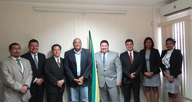 Minister of Natural Resources, Raphael Trotman (fourth left), and Mexican Ambassador to Guyana, Ivan Robero Sierra Medel, pose with the visiting experts and ministry officials