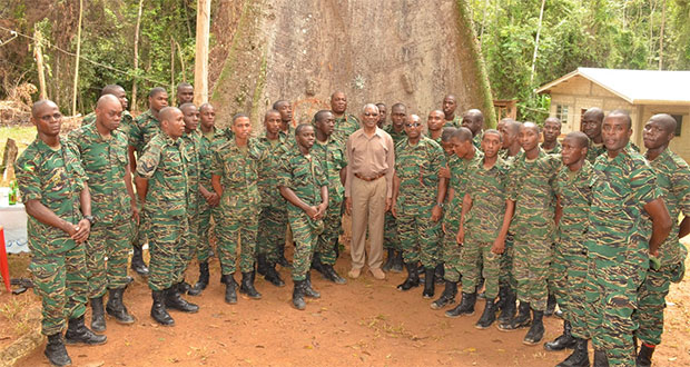 President David Granger (centre) and Chief of Staff Brigadier General Mark Phillips (centre-rear) with officers stationed at the GDF Eteringbang Base