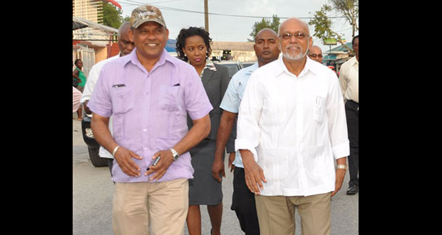 File photo shows Brian Tiwarie and former President Donald Ramotar on March 19, 2015 at Vreed-en-Hoop, West Coast Demerara, for the launch of the West Demerara road project, valued at US$46.8M, which BK International and Jamaican company Surrey Paving & Aggregate Company Ltd are executing. Four days after this event, Mr Tiwarie wrote a letter to Mr Ramotar pledging allegiance and support to the PPP.