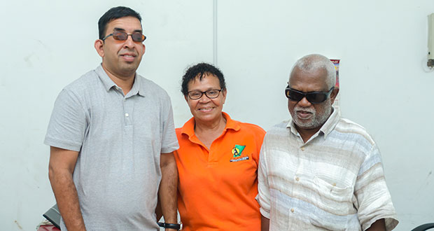 Left to right: Blind Cricket association Board Member Ganesh Singh, Team Manager Theresa Pemberton and acting President Cecil Morris