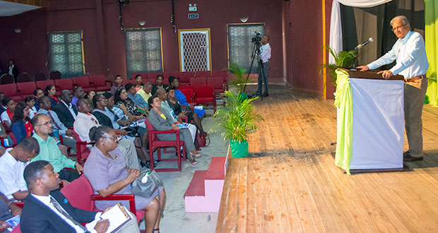 Education Minister, Dr Rupert Roopnaraine addresses the audience during the launch of the green engineering syllabus on Thursday