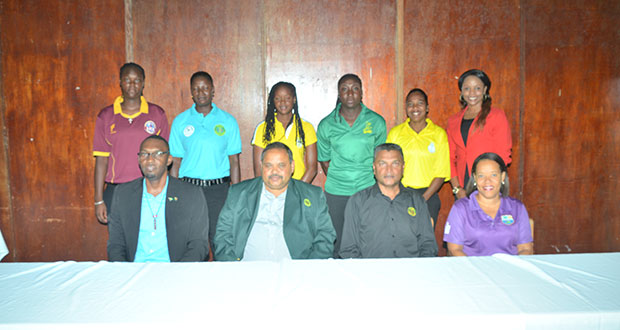 From right, seated are: WICB Project Officer (Female), Josina Luke, Anand Sanasie, Drubahadur and Christopher Jones. The six captains stand behind with Guyanese Tremayne Smartt (second left).
