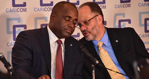 From left, CARICOM Chairman and Dominica Prime Minister Roosevelt Skerrit and CARICOM Secretary-General Irwin LaRocque at Thursday evening’s closing press conference for the 37th Heads of Government meeting