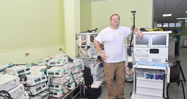 Bio-mechanic and member of the BHF, Roy Morris, showcases some of the equipment to be used in the Intensive Care Unit of the Georgetown Public Hospital