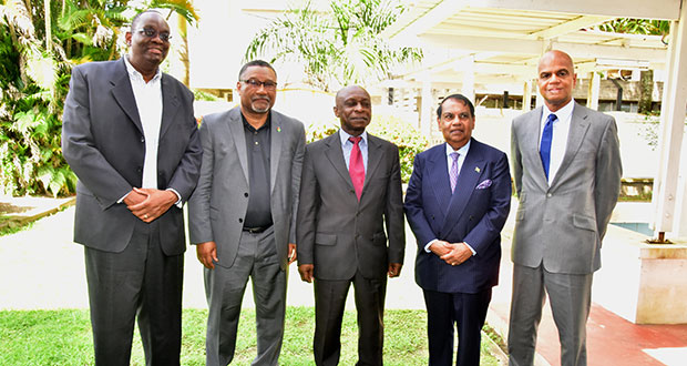 (From left to right) High Commissioner to South Africa, Dr Kenrick Hunte; Permanent Representative to the United Nations, Michael Tenpow; Minister of Foreign Affairs, Carl Greenidge; Ambassador to Kuwait, Dr Shamir Ally; and High Commissioner to India , David Pollard on the lawns of the Foreign Service Institute on Monday