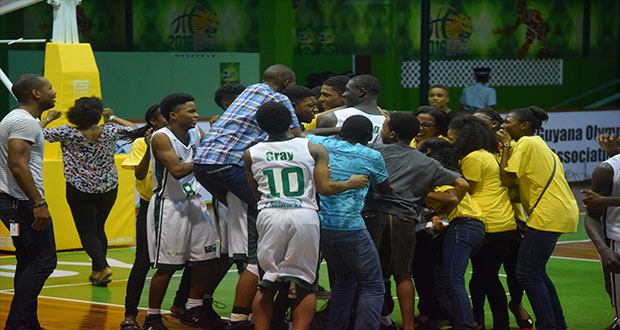 Jubilant Guyana team after close call