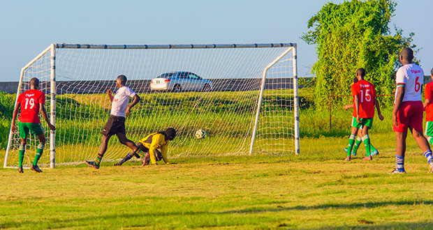 One of Chase’s 24 goals scored during yesterday’s game against GITC at the Ministry of Education ground. (Samuel Maughn photo)