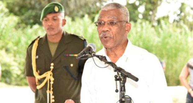 President David Granger delivering his address at the Access Dams/Roads Rehabilitation Project ceremony last Friday