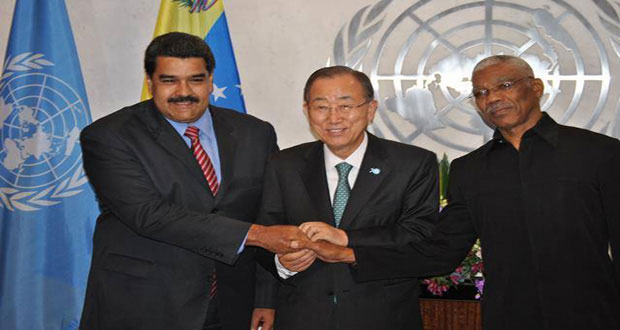 File photo shows Venezuelan President Nicolas Maduro and President David Granger at a meeting with the UN Secretary-General Ban Ki-moon last September