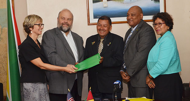 Peace Corps Guyana Director, Linda Arbogast, US Ambassador, Perry Holloway, Minister of Indigenous People’s Affairs, Sydney Allicock, Minister of Natural Resources, Raphael Trotman and Minister within the Ministry of Indigenous People’s Affairs, Valerie Garrido-Lowe are all smiles after the signing of the agreement