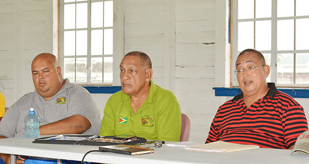 from L-R U-19
Coach Troy Yhip, manager John Lewis and GRFU president Peter Green. (Ivan Bentham photo)