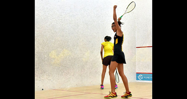 Guyana’s Taylor Fernandes celebrates her win against Alyssa Mullings as the Team competition began yesterday.