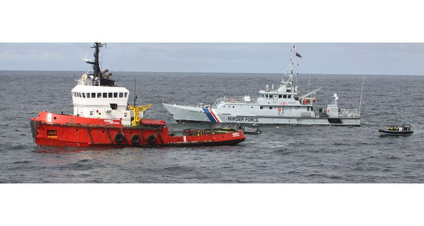 Border Force cutter HMC Valiant moving in on the Tanzania-registered MV Hamal in April 2015 (Photos courtesy of NCA)
