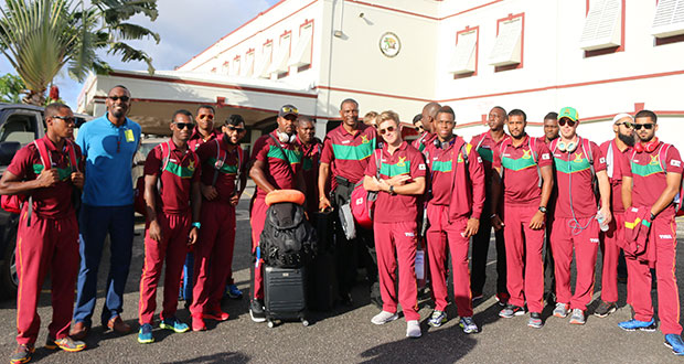 A jubilant Amazon Warriors squad after they arrived at the Cheddi Jagan International Airport.Director of Sport Christopher Jones was on hand to greet the players