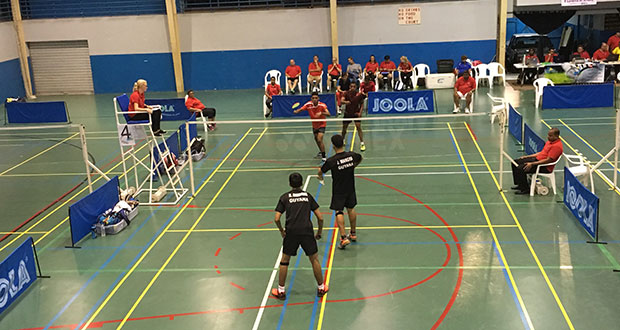 Part of the action in the Boys doubles event at the Caribbean Badminton International Championships (CAREBACO).