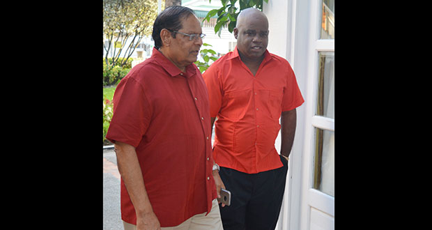 Prime Minister Moses Nagamootoo arrives for the CCWU Congress. He is escorted by the Union’s president, Sherwood Clarke