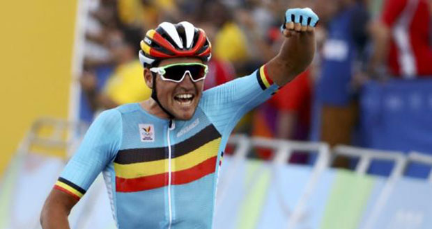 Greg Van Avermaet (BEL) of Belgium celebrates as he crosses the finish line 
Reuters/Paul Hanna