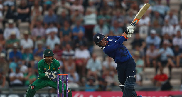Jason Roy takes the aerial route during his top score of 65 for England.