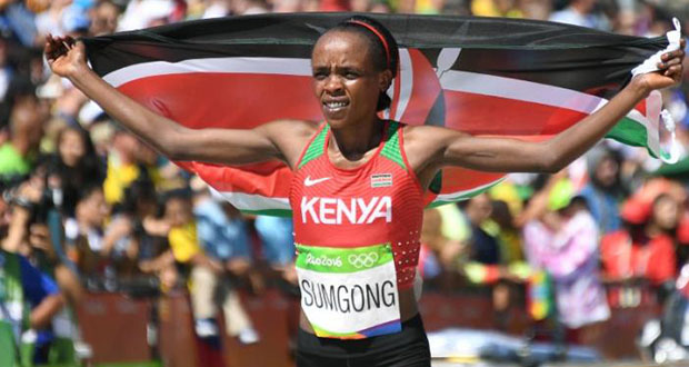 Jemima Sumgong (KEN) of Kenya celebrates after winning the race REUTERS/Johannes Eisele/Pool