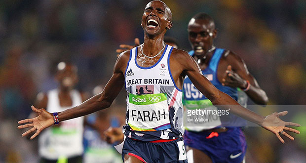 Mohamed Farah of Great Britain reacts after winning gold in the Men's 5000 meters final on Day 15 of the Rio 2016 Olympic Games at the Olympic Stadium yesterday in Rio de Janeiro, Brazil. (Photo by Alexander Hassenstein/Getty Images)