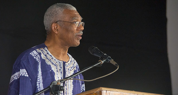 President David Granger speaks at the fourth Annual State of the African-Guyanese Forum held at the Critchlow Labour College, Woolford Avenue on Sunday (Samuel Maughn)