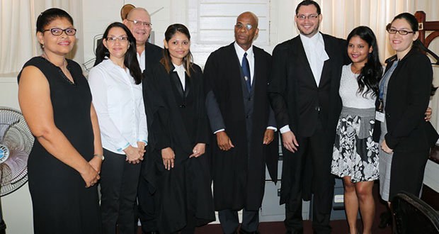 From left to right: Sharon Boatswain (mother-in-law), parents Elizabeth and Tony Xavier, Attorney-at-Law Mishka Puran, Justice Reynolds, Michael Xavier, Mikhaila Puran-Xavier(spouse) and Cathryn Xavier-Carew (sister)