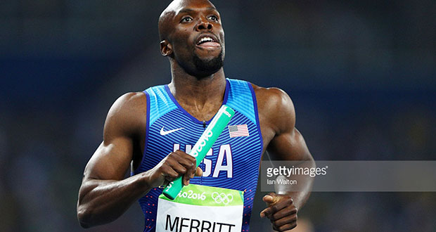 Lashawn Merritt of the United States reacts after winning gold in the Men's 4 x 400 meter Relay on Day 15 of the Rio 2016 Olympic Games at the Olympic Stadium yesterday in Rio de Janeiro, Brazil. (Photo by Ian Walton/Getty Images)