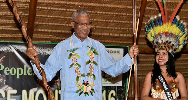 President Granger is presented with a token of appreciation during  the Launch of Indigenous Heritage Month 2016
