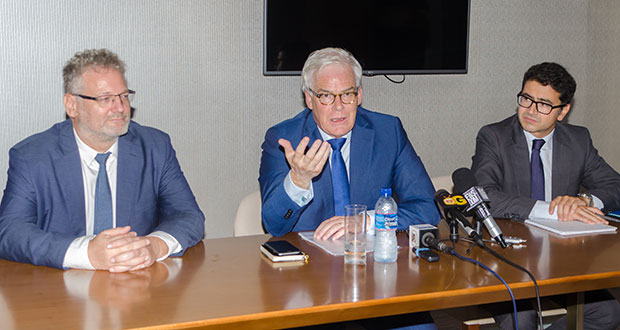 Vice-President of the European Investment Bank, Pim van Ballekom (centre) is flanked by European Ambassador to Guyana Jernej Videtic (left) and EIB Loan Officer Angel Diez Fraile. Here he addresses the media at the Marriott Hotel in Kingston, Georgetown on Friday evening