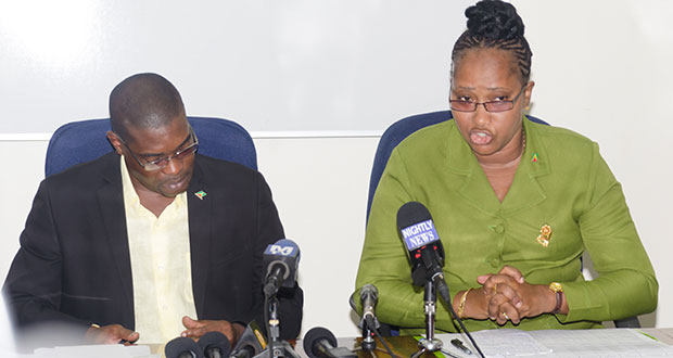 Minister  of Public Infrastructure David Patterson and Minister within the Ministry, Annette Ferguson, during the press briefing on Thursday