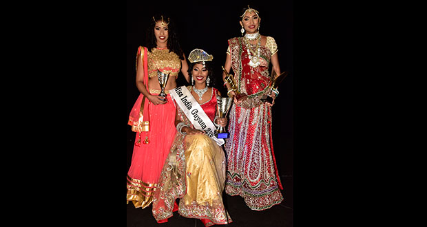 Miss India Guyana 2016, Britany Singh, sitting, as she is flanked by, from left, second runner up, Abigail Mohabir, and 1st runner up, Tahirih Boodhoo (Adrian Narine photo)