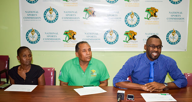 The head table at yesterday’s press conference. From left, NSC Commissioner Lavern Fraser-Thomas, Chairman Ivan Persaud and
Director of Sport Christopher Jones.