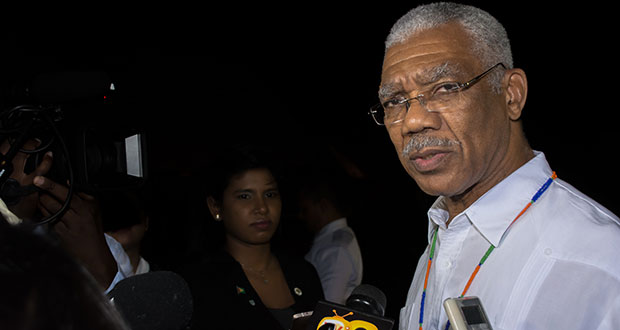 President David Granger speaking to reporters on the sideline of an Interfaith Service held at the Indigenous Village to usher in Indigenous Heritage Month